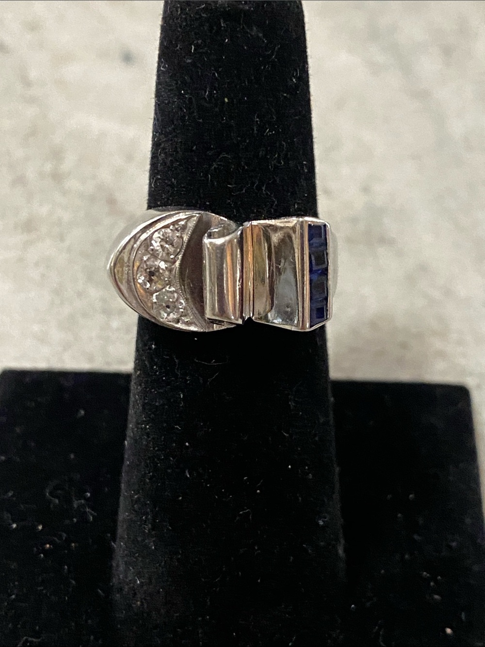 Unique Vintage Custom made 14k w/ Natural European cut Diamonds & Blue Sapphire